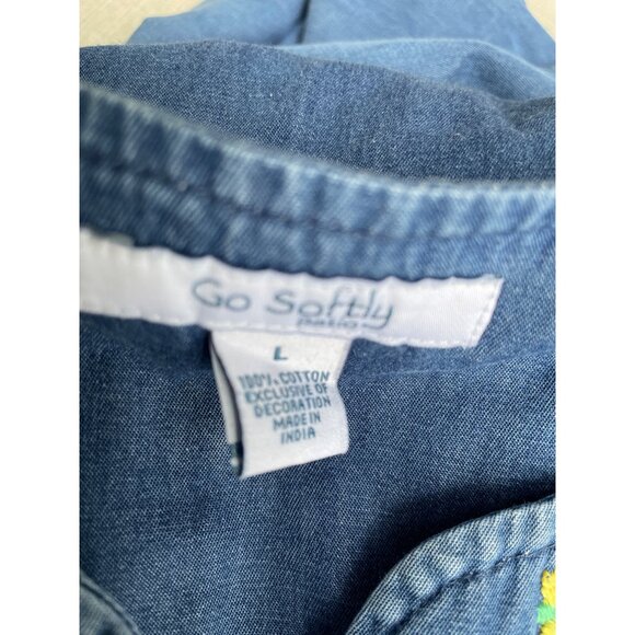 Blue Denim Go Softly Embroidered Humming Bird Cottagecore Zip-Front Dress L - Picture 5 of 9